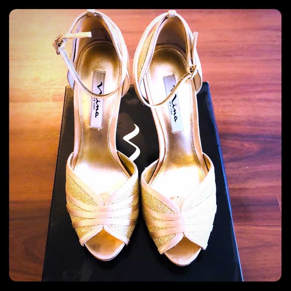 Nina peep toe gold evening shoe